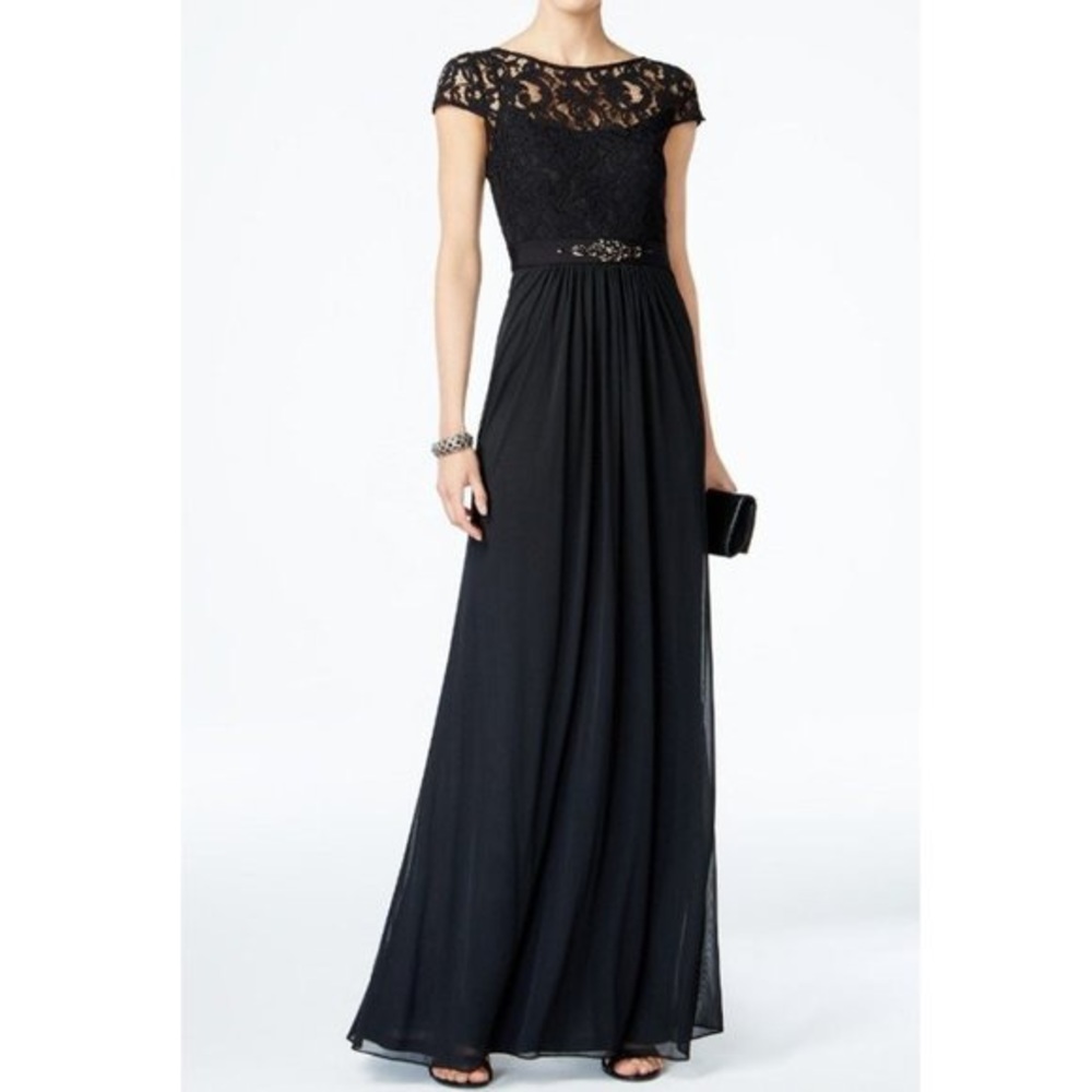 Adrianna Papell Black Lace Tulle Dress Gown